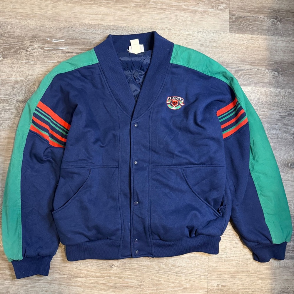 RARE 80s Vintage Adidas Bomber Jacket Green Colorblock Snap Front Taiwan Mens XL